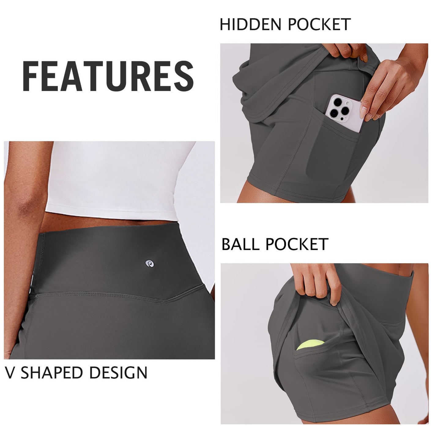 PINSPARK Golf Skirts for Women V Waisted Tennis Skorts Lightweight Athletic Skirt Stretchy Workout Skort with Pockets, Dark Grey Small