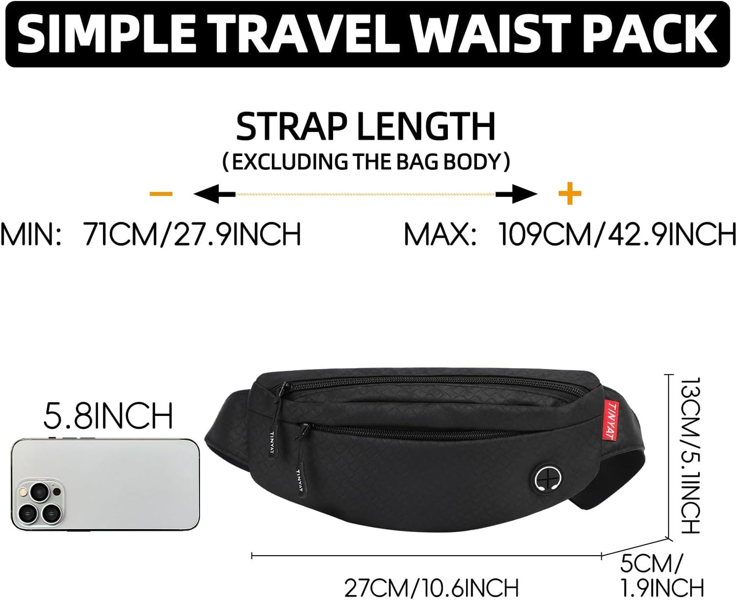 TINYAT Large Fanny Pack Travel Waist Bag Lightweight for Men&Women with Adjustable Strap T206 Blue