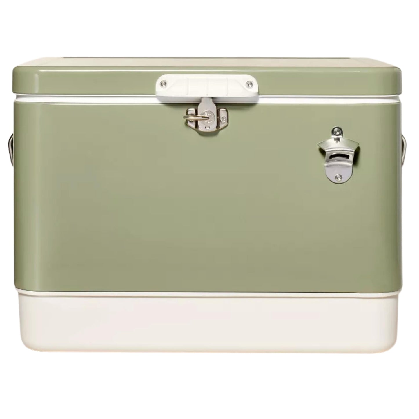 FSE Retro Metal Cooler, 80 Can/54 Qt. Capacity, Hard-Sided, Two Tone, Holds Up to 80 Beverage Cans, Metal Construction with Plastic Lining, Green/Cream