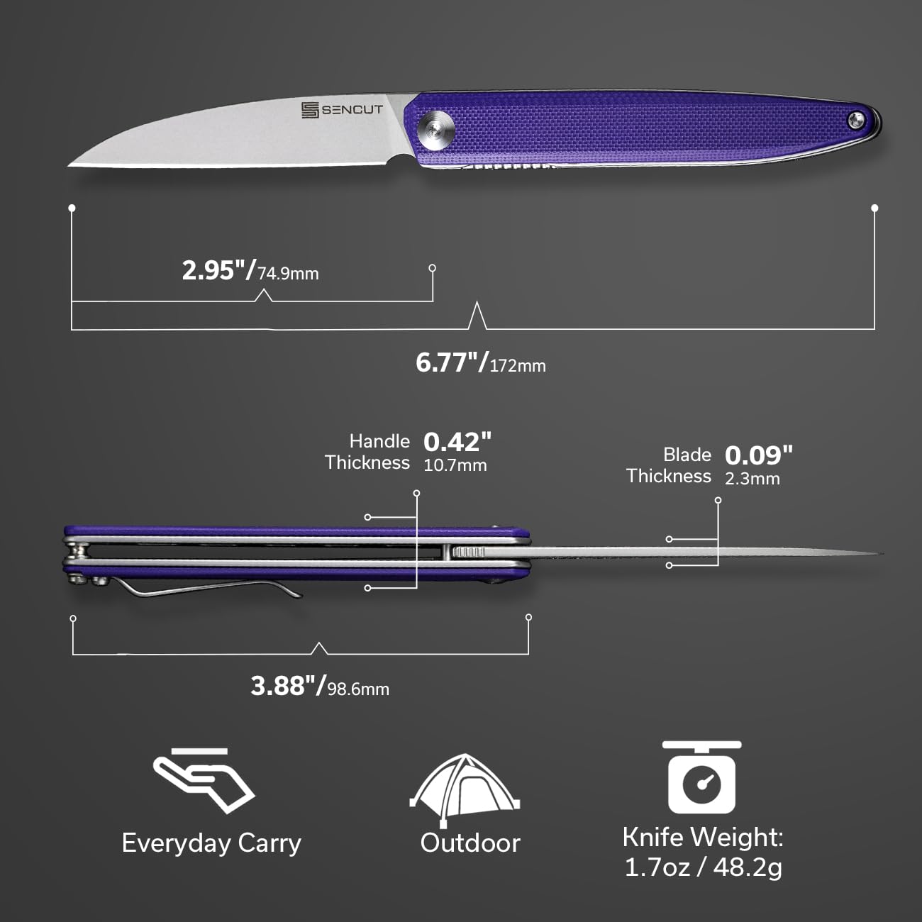 SENCUT Small Pocket Knife for Men, Front Flipper knife for EDC, Jubil Folding Knives with 2.95 inches D2 blade, G10 Handle with Liner Lock, Slim Gentleman’s knives for Gift (Purple)