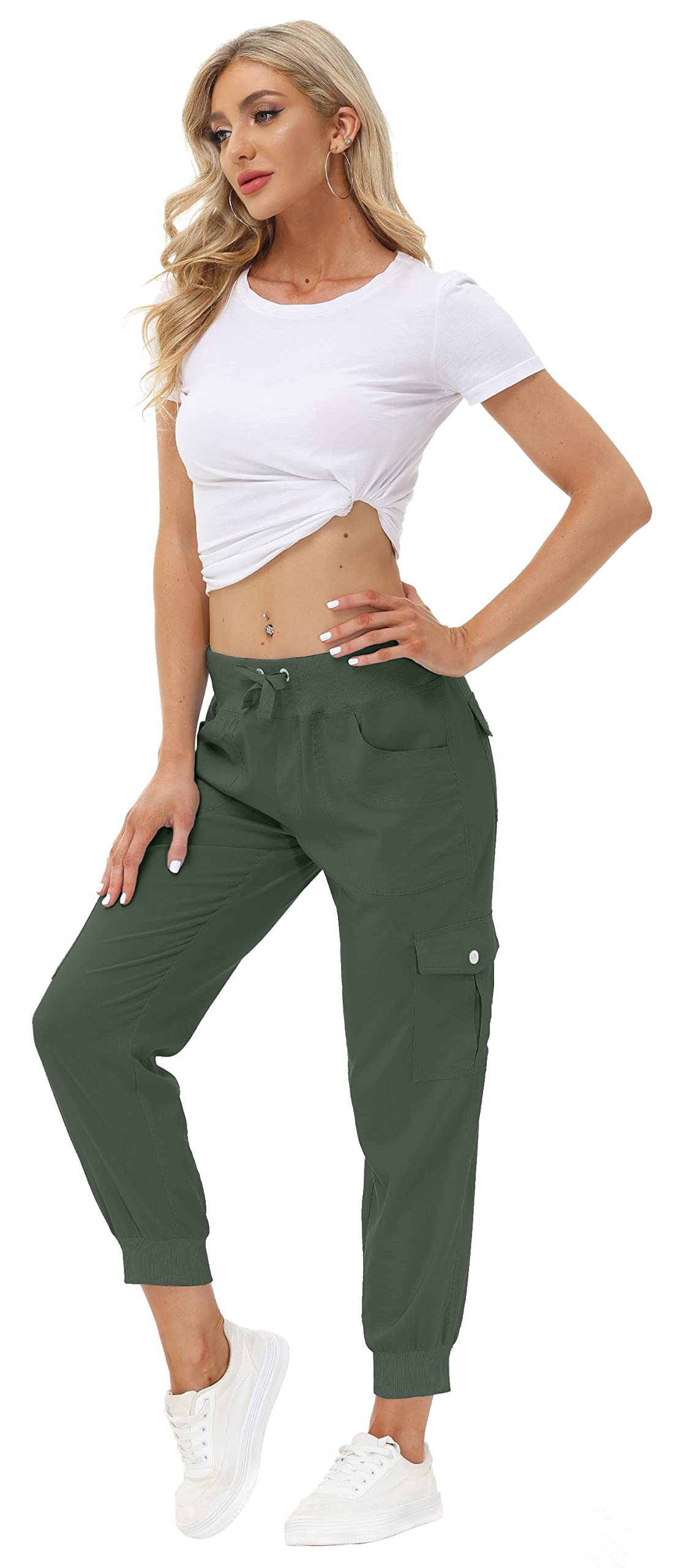 MoFiz Women's Hiking Pants Cargo Joggers Sweatpants with Pockets Lightweight Quick Dry Outdoor Summer Casual Athletic Elastic Waist Army Green M