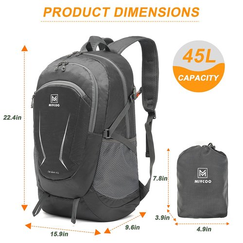 Lightweight Backpack for Men Women Foldable Packable Hiking Travel Backpack Outdoor Camping Waterproof Daypack 45L Grey