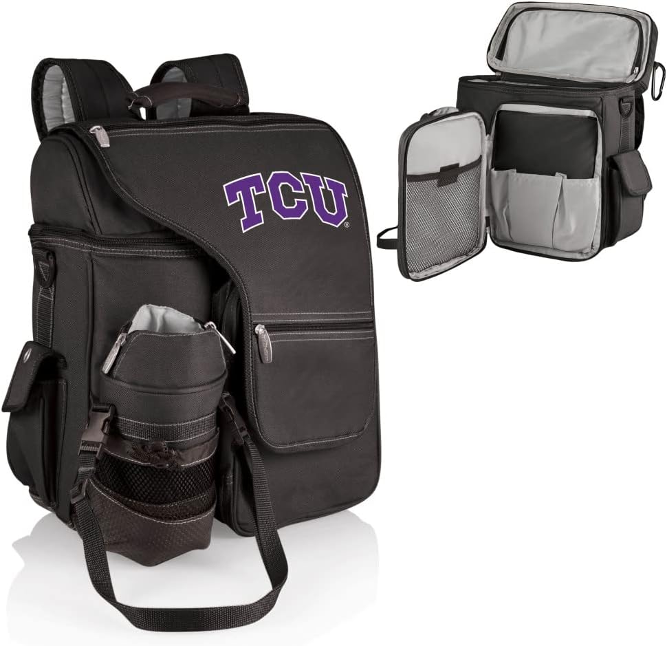 PICNIC TIME NCAA TCU Horned Frogs Turismo Backpack Cooler with Water Bottle Carrier - Soft Cooler Backpack - Travel Cooler Bag