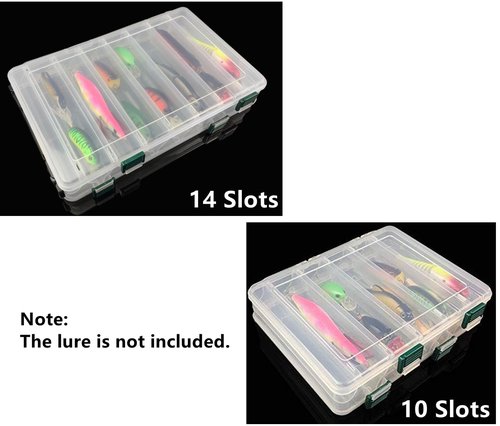 Double-Sided Fishing Lure Hook Tackle Box Visible Hard Plastic Clear Fishing Lure Bait Squid Jig Minnows Hooks Accessory Storage Case Container (Clear-14 Slots 2Pcs)