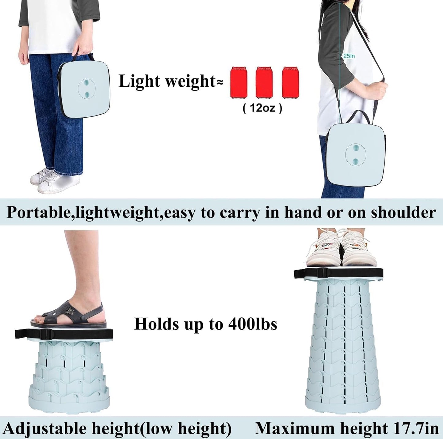 Fishboy Upgraded Square Collapsible Stool, 400lb Max Weight, Lightweight But Sturdy, Portable Retractable Folding Telescoping Foldable Camping Stool for Adults Outdoor Fishing Hiking Travel BBQ