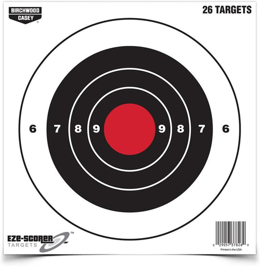 BIRCHWOOD CASEY 8" Eze-Scorer Bull's-Eye Practice Shoot-Up Brilliant White Paper Targets for Indoor and Outdoor Use, 26 Targets