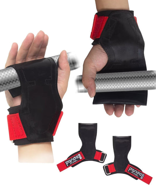Pixel Panda Weight Lifting Grips for Heavy Powerlifting, Deadlifts, Rows, Pull Ups, with Neoprene Padded Wrist Wraps Support and Strong Rubber Gloves or Straps for Bodybuilding (Pair)
