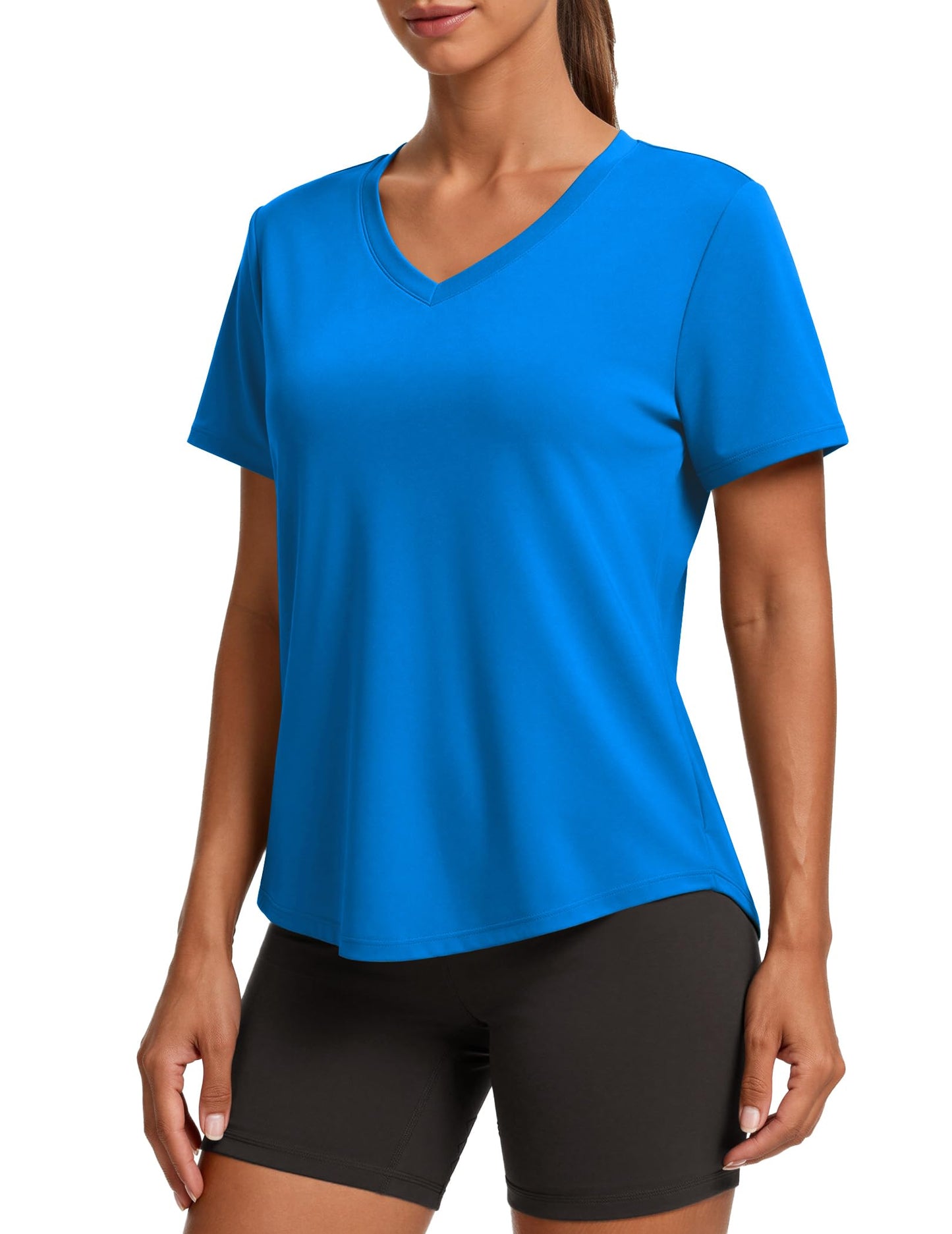 PINSPARK Quick Dry Workout Tops for Women Short Sleeve V Neck Moisture Wicking Athletic Gym Shirts Running Hiking T-Shirts,Sparkle Blue Medium