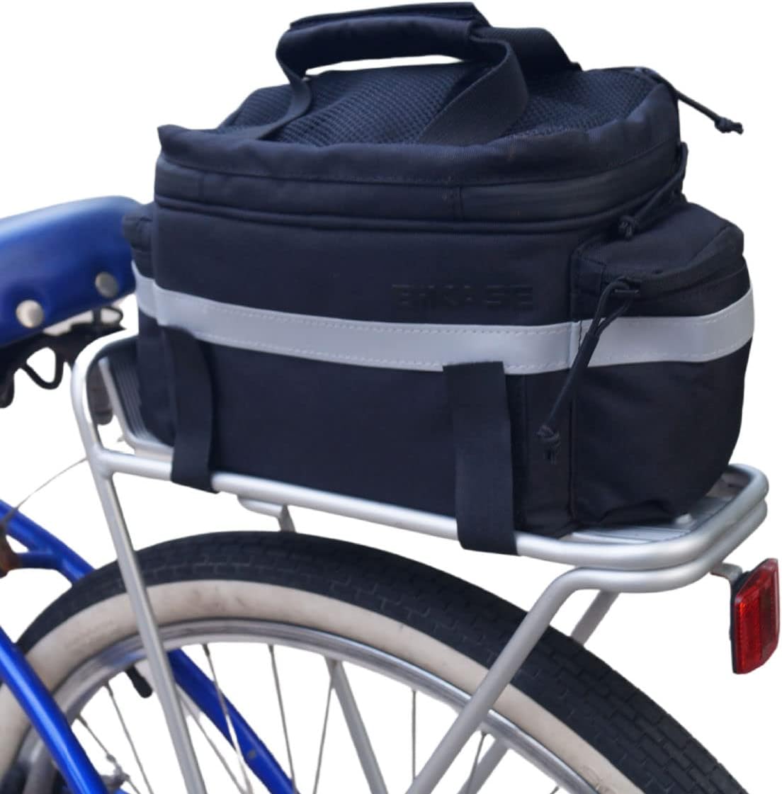 BiKase Big Momma Bike Trunk Bag - Universal Fit Medium Rear Rack Bag with Side Pockets, Top Bungee, Mesh Pocket, Key Holder & Reflective Accents - Spacious Bicycle Rack Bag for Ebikes & Bicycles