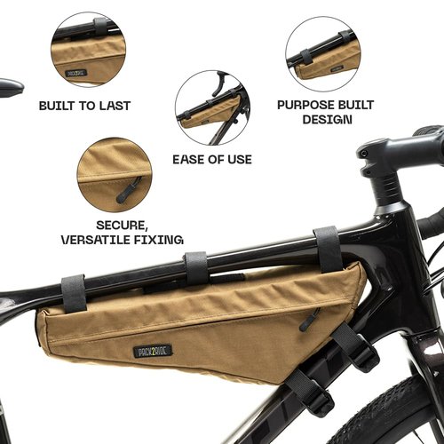 PACK2RIDE Mira Bike Frame Bag - Water Resistant & Durable Fabric Bicycle Bag for Road, Secure Attachment Bikepacking Pouch, Biking Storage & Bike Organizer for Cycling Adventures - Coyote