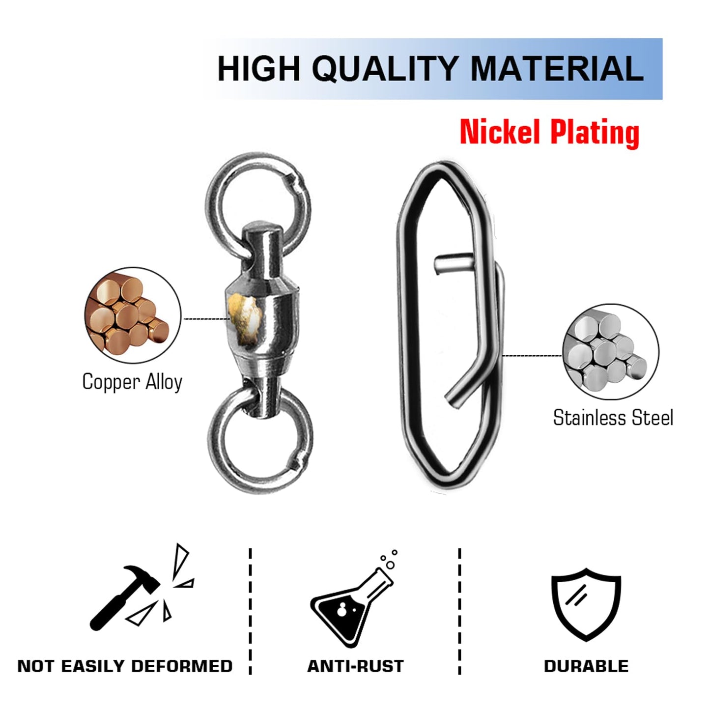 Atibin Snap Connector Fishing Swivels Stainless Bearing Ball Snap Swivels Steel Quick Change Fishing Clips Swivel Black Nickel, 25pcs, 44lbs