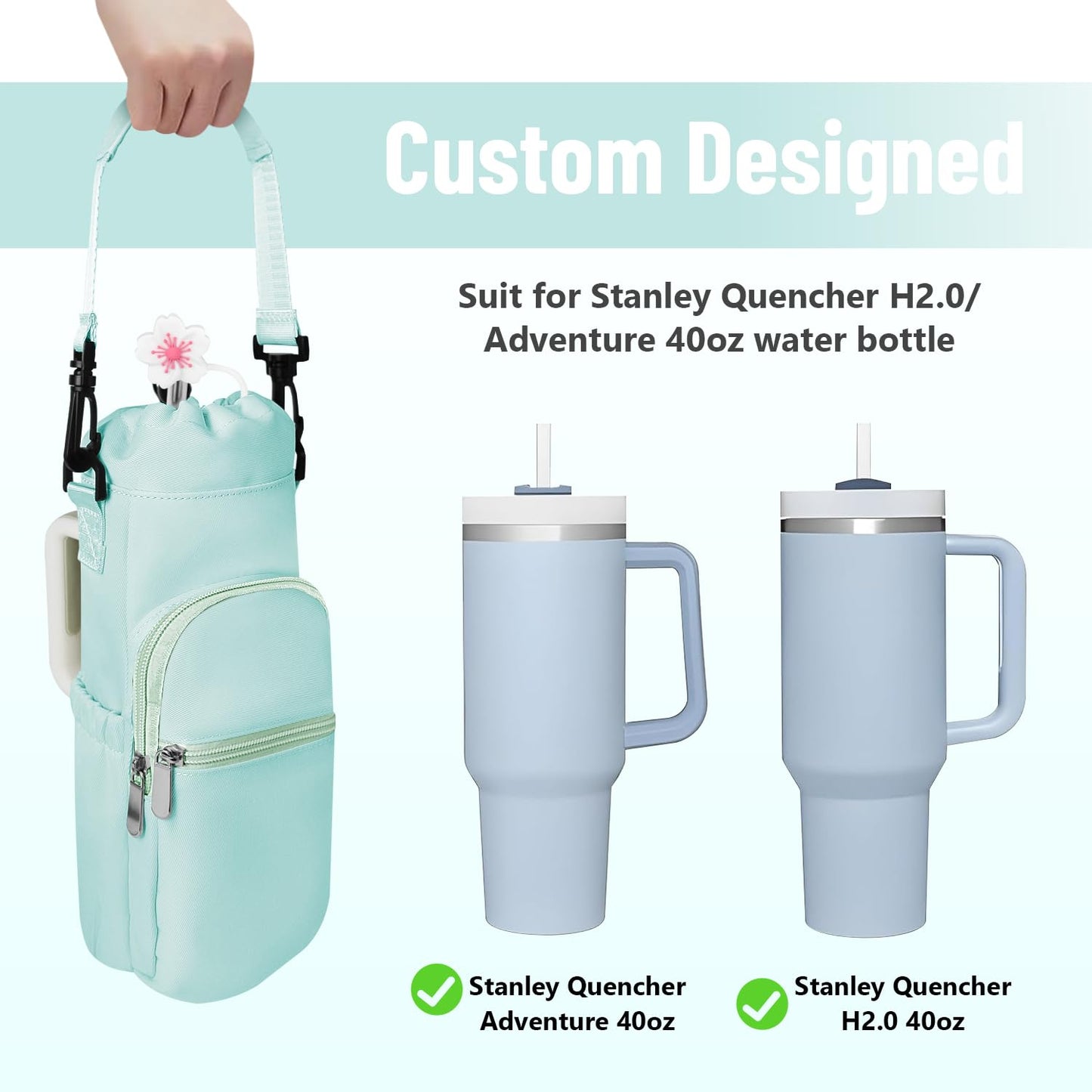 2win2buy Stanley Tumbler Carrier Bag - Water Bottle Holder with Strap - Sling Bag for 40 oz Cup - Green, Floral Pattern
