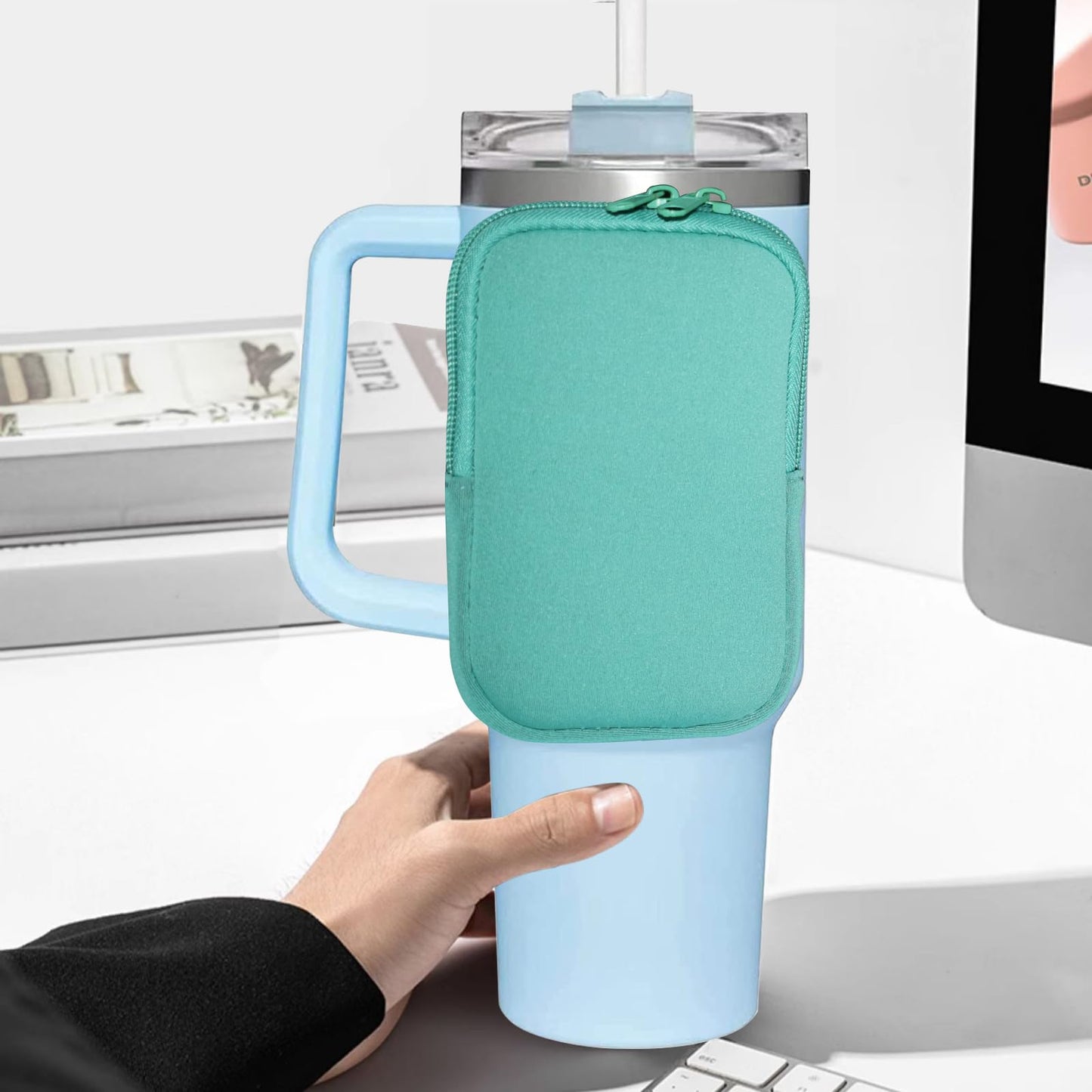 Water Bottle Pouch, Compatible with Stanley Quencher Adventure 40oz & Fit for Stanley IceFlow 20oz 30oz,Handheld Pocket for Safely carry Cards Keys, Wallet, Earphone etc. daily necessities. (Black)