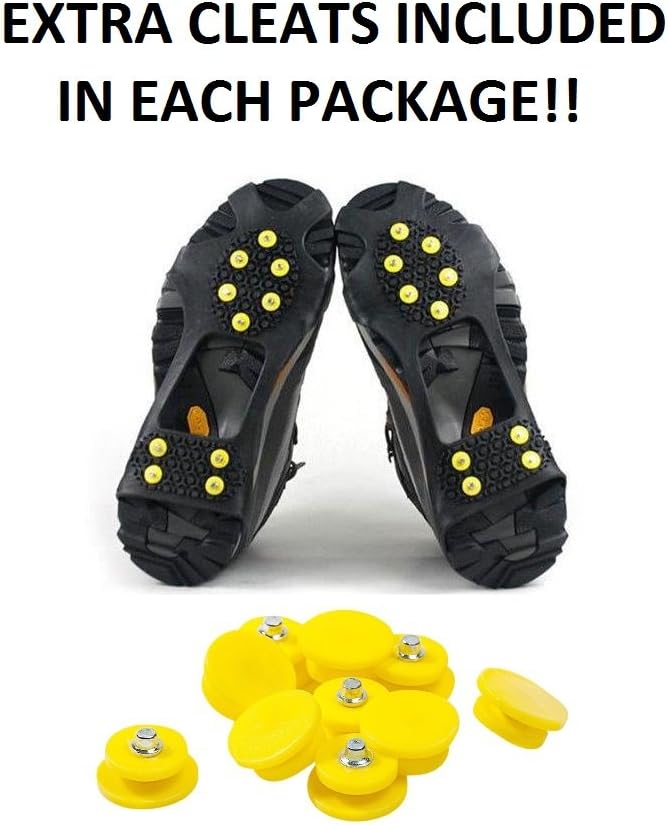 Ice Grips, Traction Cleats, Ice Cleat, Easy Slip On, Outdoor Durable, 10 Steel Studs, Stretchable, Prevent Slipping from Ice/Snow, Extra Studs Included in Each Package.