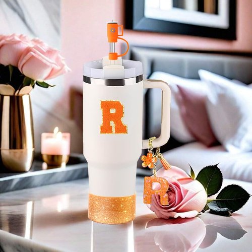 Stanley Cup Accessories Set of 6 PCS, Including Letter Stickers, Letter Chains, Straw Caps, Cup Sleeves, and Spill Proof Stoppers, Orange, 30 Oz 40 Oz, Water Bottle Carrier Set(Cup Not Included)