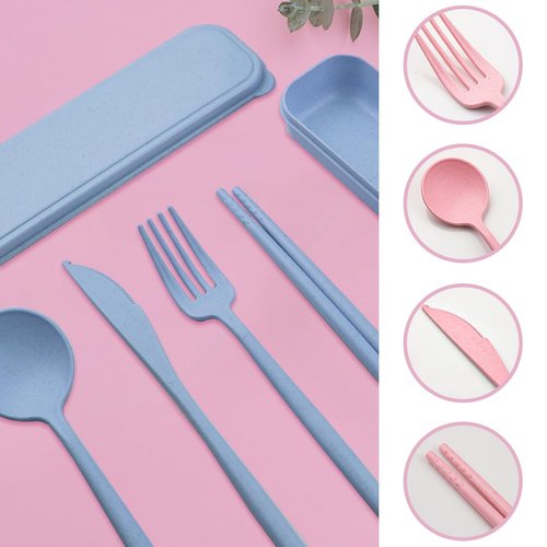 ELANE 4 Sets Reusable Travel Utensils Set with Case,Camping Cutlery Set Reusable Cutlery Set with Case,Utensil Sets for Lunch Picnic Daily Use Outdoor