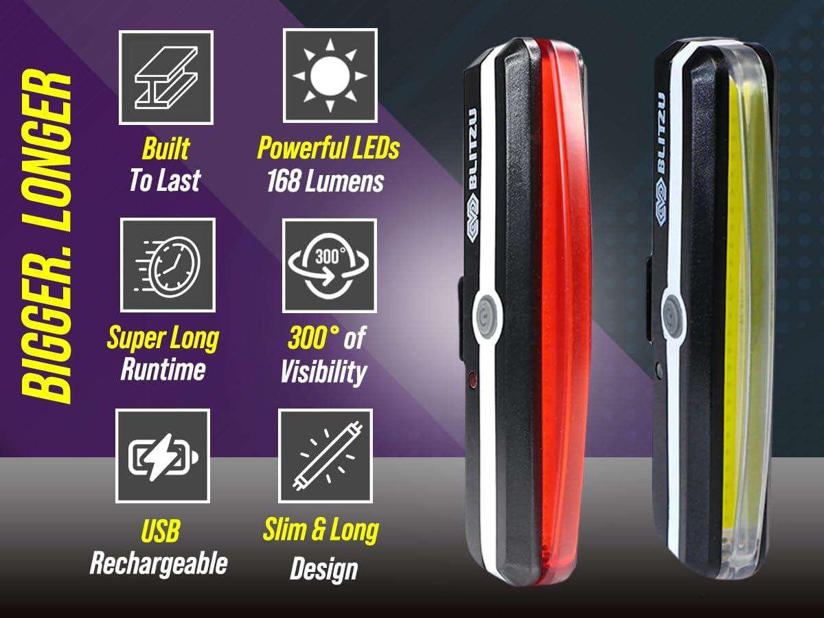 USB Rechargeable BLITZU Cyborg 168H Bike Headlight & 168T Tail Light Set - LED Bicycle Lights for Night Riding Safety