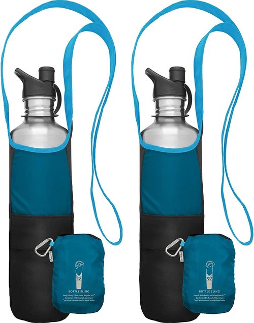 ChicoBag rePETe Water Bottle Sling w/Strap, Carabiner Clip, Built-In Pouch, & Convenient Pockets | Eco-Conscious | Perfect for Walks, Hikes, Outdoor Festivals | Aquamarine (Pack of 2)