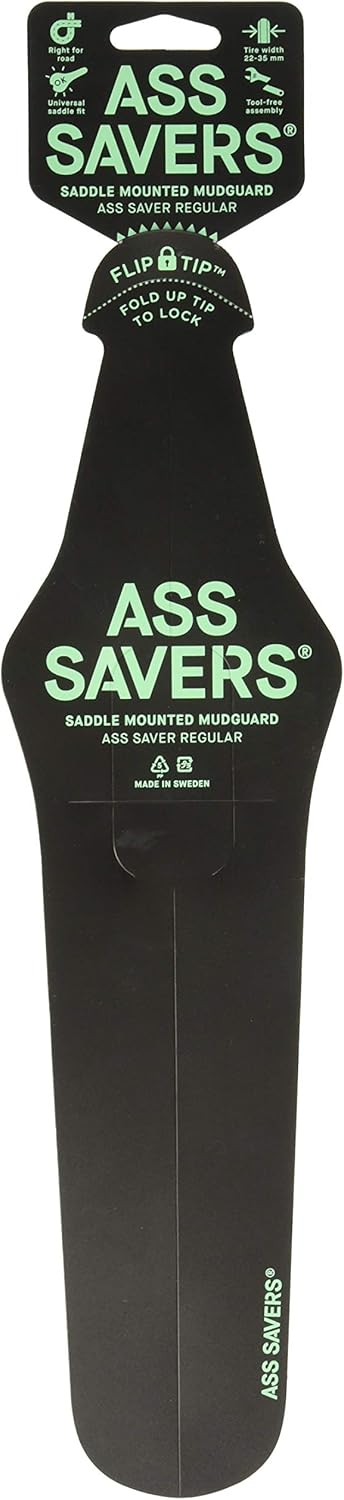 Ass Savers Regular Saddle Mudguard, 23-35 mm Tires, Generation 4, Maximum Protection, Rainy Rides, No Tools Mount, Patented Flip Tip, Lightweight, Stable, Self Centering, Commuter, Road, Black