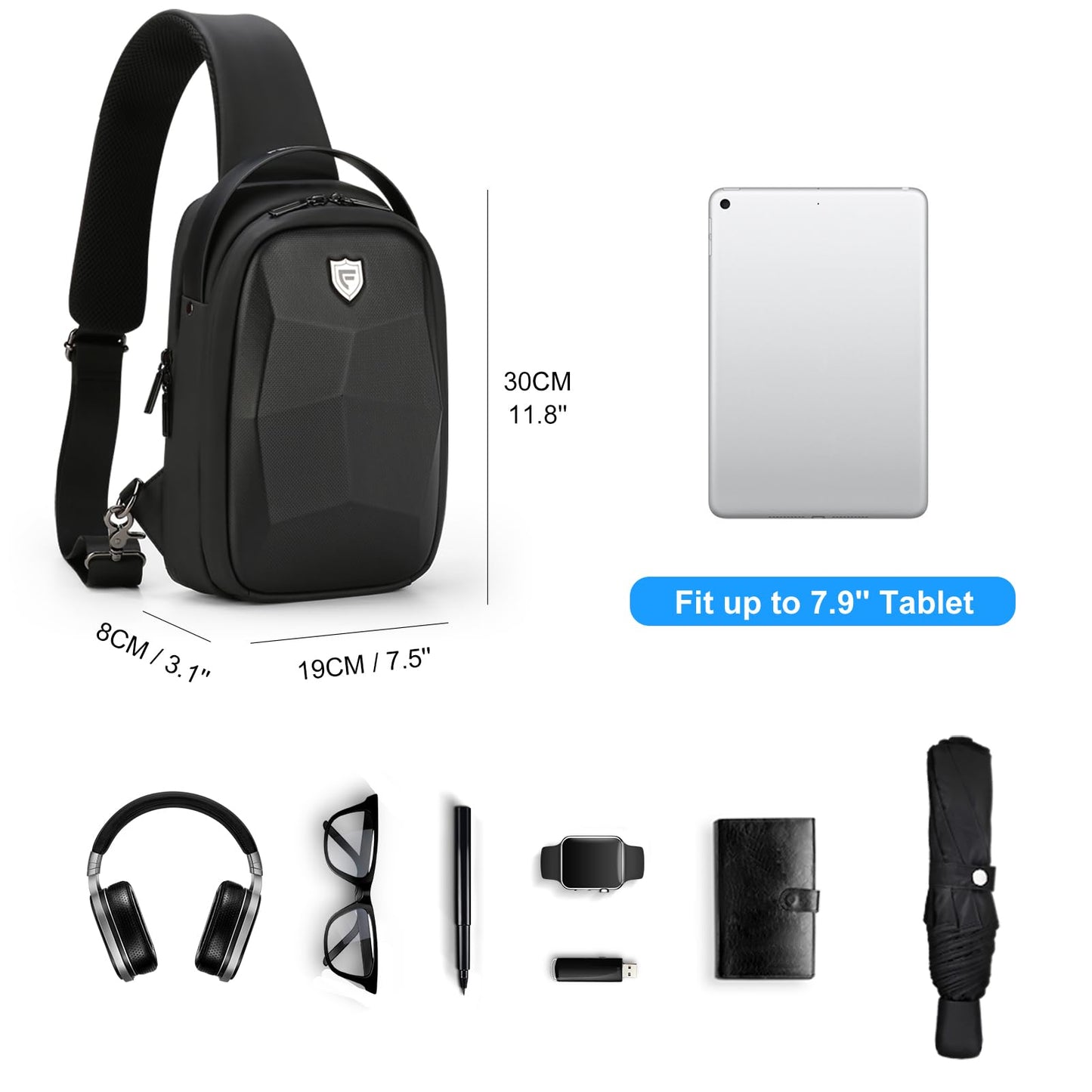 FENRUIEN Hard Shell Sling Bag for Men, Water Resistant Crossbody Backpack with USB Port, Black Chest Bag for Travel/Daily