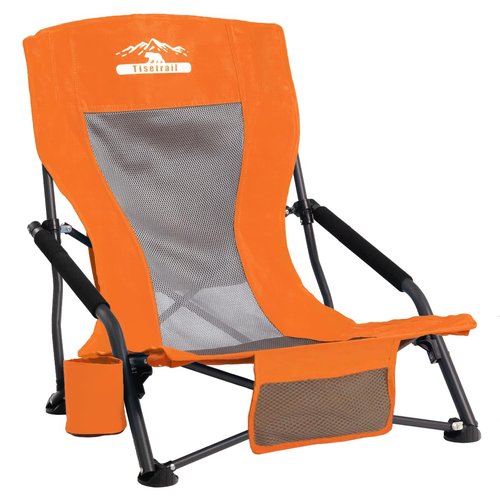 Tisetrail Portable Beach Chair for Adults Low Back Sling Chair with Cup Holder Folding Mesh Sand Chair Lightweight Lawn Chair for Beach Lawn Camping Concert Travel, Supports 300lbs, Orange