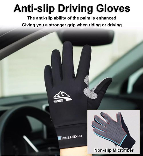 SUJAYU Full Finger UV Protection Gloves - Women & Men's Thin Fishing, Hiking, Cycling, Driving, Gym Gloves (Black, Large)