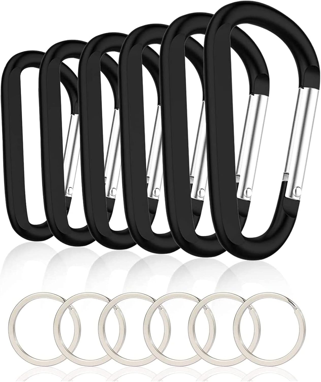 6PCS Black Carabiner Caribeaner Clip,3" Large Aluminum D Ring Shape Carabeaner with 6PCS Keyring Keychain Hook…