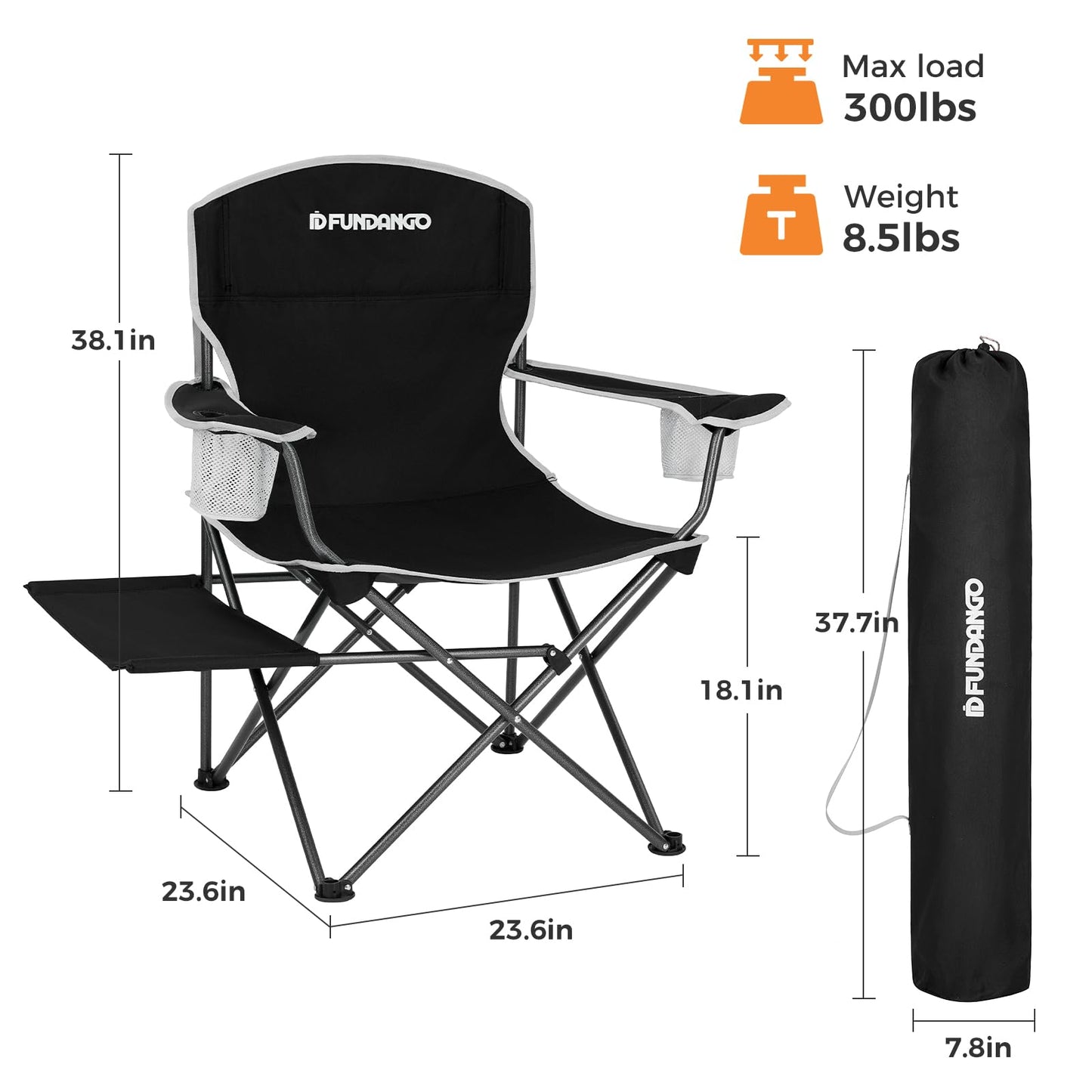 FUNDANGO Camping Chairs for Adults, Outdoor Camping Chairs with Side Table, 2Pack Lawn Chair with Carry Bag and Cup Holder for Garden, Camping, Picnic, BBQ, Concert, Support 300LBS