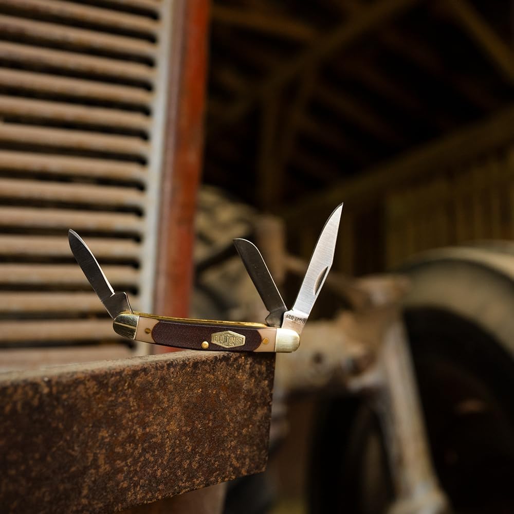 Old Timer 108OT Junior 4.7in S.S. Traditional Folding Knife with 2in Clip Point Blade and Sawcut Handle for Outdoor, Hunting, Camping and EDC