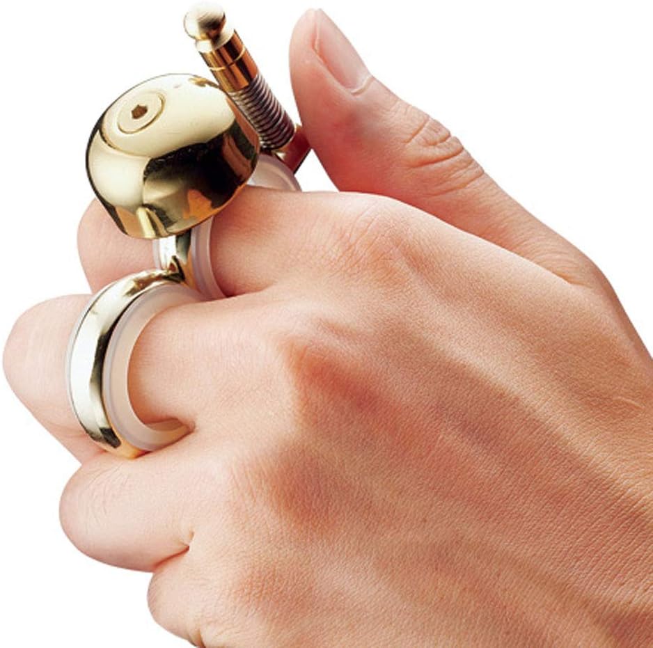 Handheld Running Bell, Wearable Runners Bell for Joggers and Marathoners Alerts Pedestrians to Move Over, Loud Resonant Brass Bell and Hammer on Aluminum Body with Silicone Finger Sizers