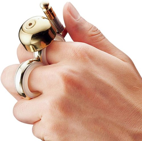 Handheld Running Bell, Wearable Runners Bell for Joggers and Marathoners Alerts Pedestrians to Move Over, Loud Resonant Brass Bell and Hammer on Aluminum Body with Silicone Finger Sizers