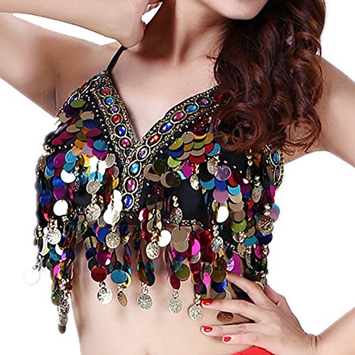 Sequin Halter Bra Top for Belly Dance Festival Boho Clubwear - Black with Colorful Beads