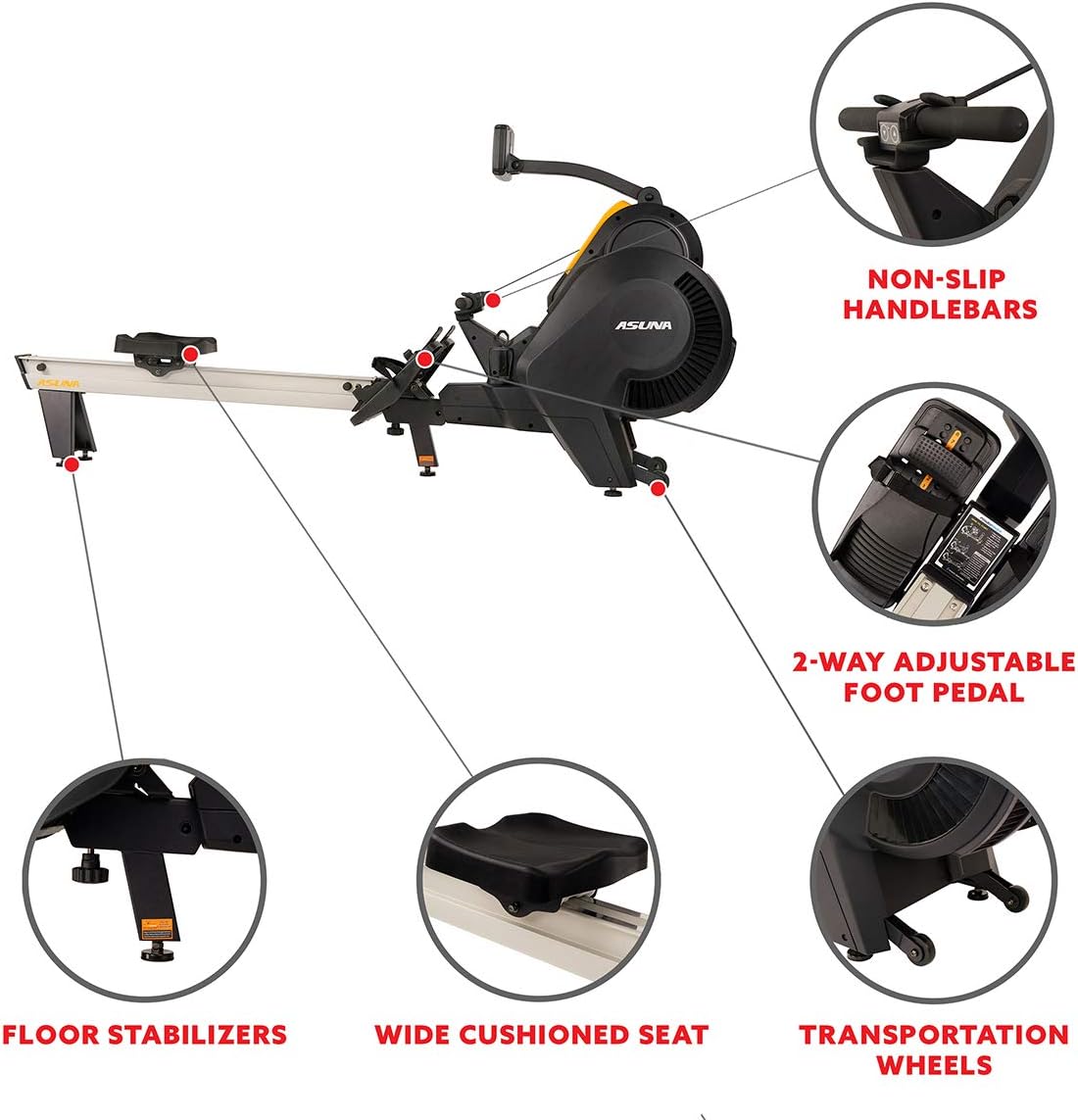 Sunny Health & Fitness Asuna Premium Air + Magnetic Rower Machine w/Extended Aluminium Slide Rail, Cardio Rowing Training Equipment for Home Gym Exercise w/Wide Cushion Seat & Performance Monitor