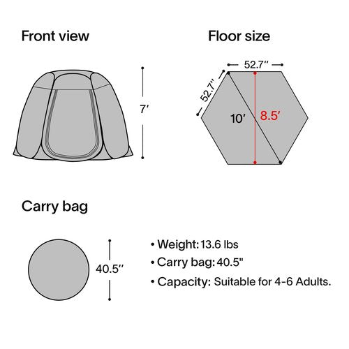 Leedor 10'x10' Hexagon Pop Up Sun Shade Canopy Tent - Ventilated Mesh Walls, Perfect for Camping, Beach, Events, and Outdoor Party Decorations, All-Season Shelter (Not Waterproof)