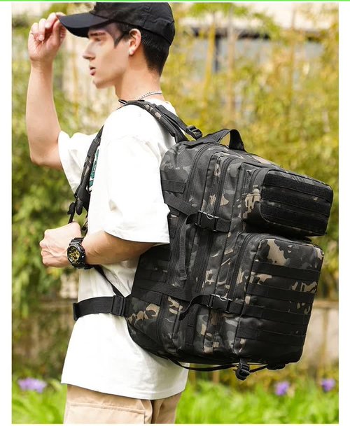 ORILOOSEN 48L 3-day Tactical backpack heavy duty zipper，Hiking Camping Hunting Climbing backpack Nylon canvas Knapsack Outdoor backpack (Camouflage black)