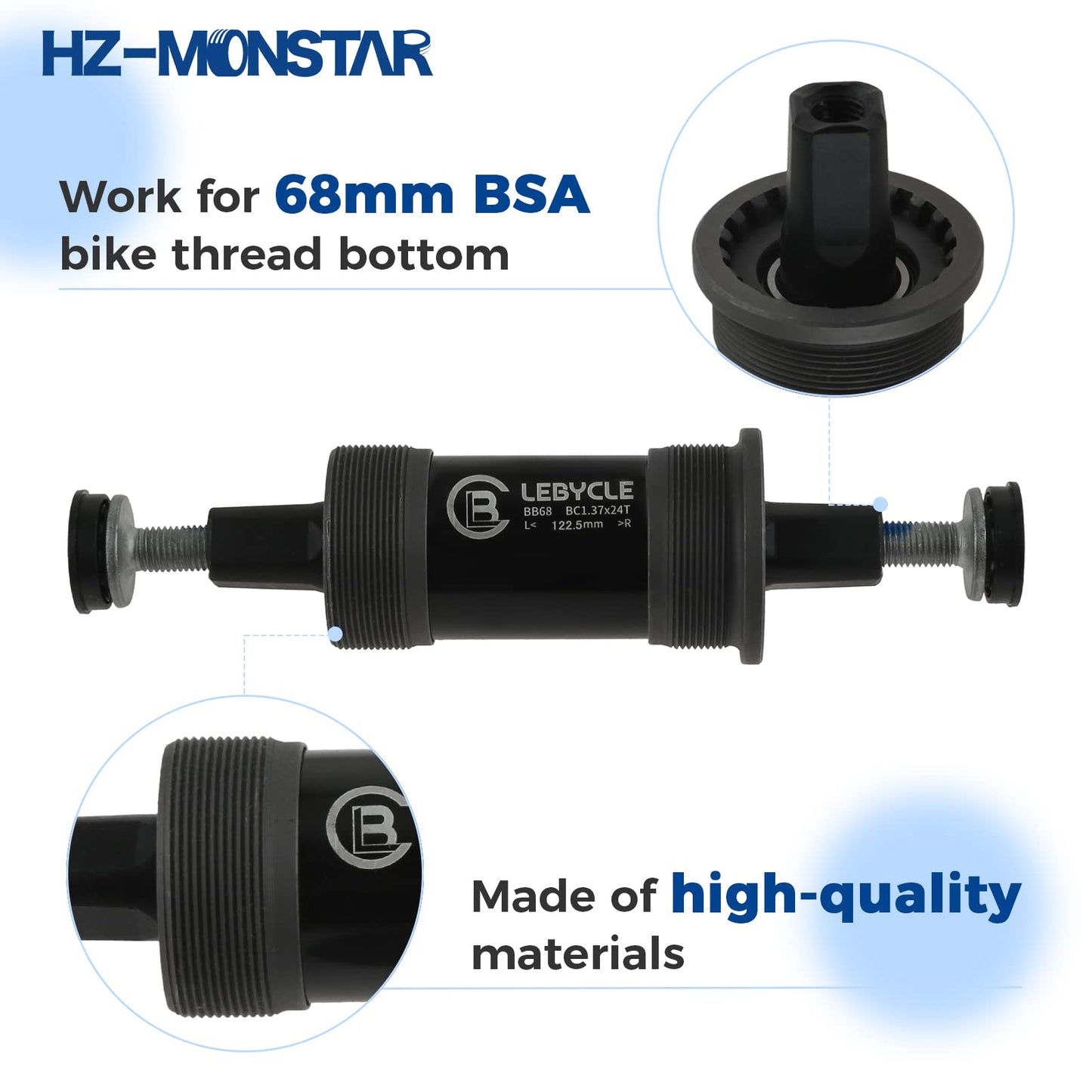 HZ-MONSTAR Square Tapered Bottom Bracket, Bike Bottom Bracket Power Spline Bottom Bracket with Screws for Square Tapered Spindle Crank 68mm x 122.5mm