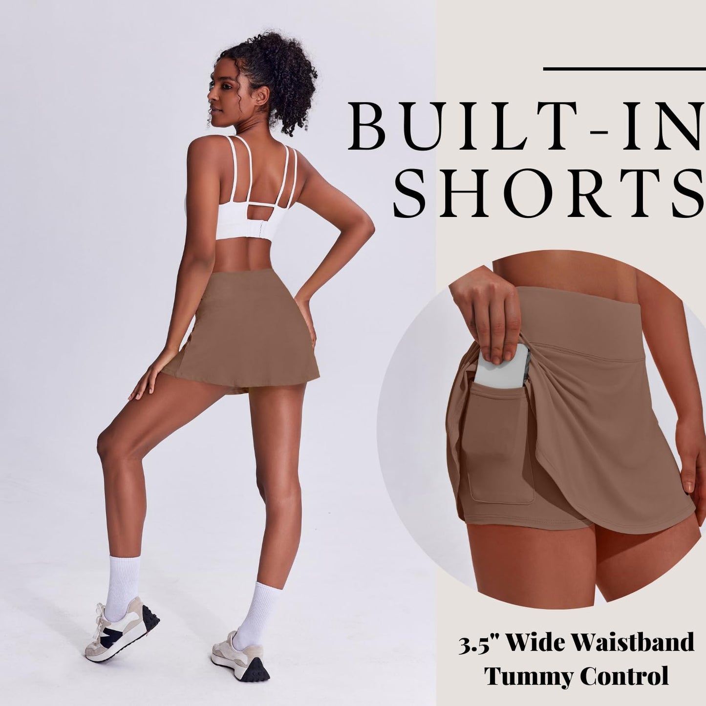 PINSPARK Tennis Skirts for Women Mini Pleated Skirt 13" Mini Athletic Skort Inner Shorts Pocket Golf Outfits,Brown X-Large
