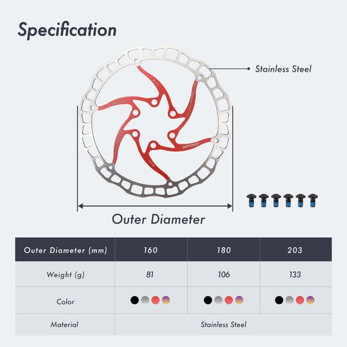 DJC Bike Brake Disc Rotor 2pcs MTB Brake Disc 160mm 180mm with 6 Bolts Road Bike MTB BMX e Scooter Steel Brake Disc iiipro (2pcs red, 180mm)