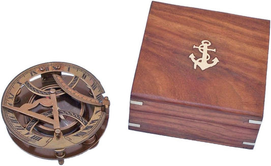 Hampton Nautical Antique Brass Round Sundial Compass with Rosewood Box, 6"