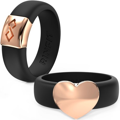 Rinfit Women Silicone Wedding Band - Silicone Rings for Her - MetalInfinity & Heart - Black/Metal Rose Gold - Size 5