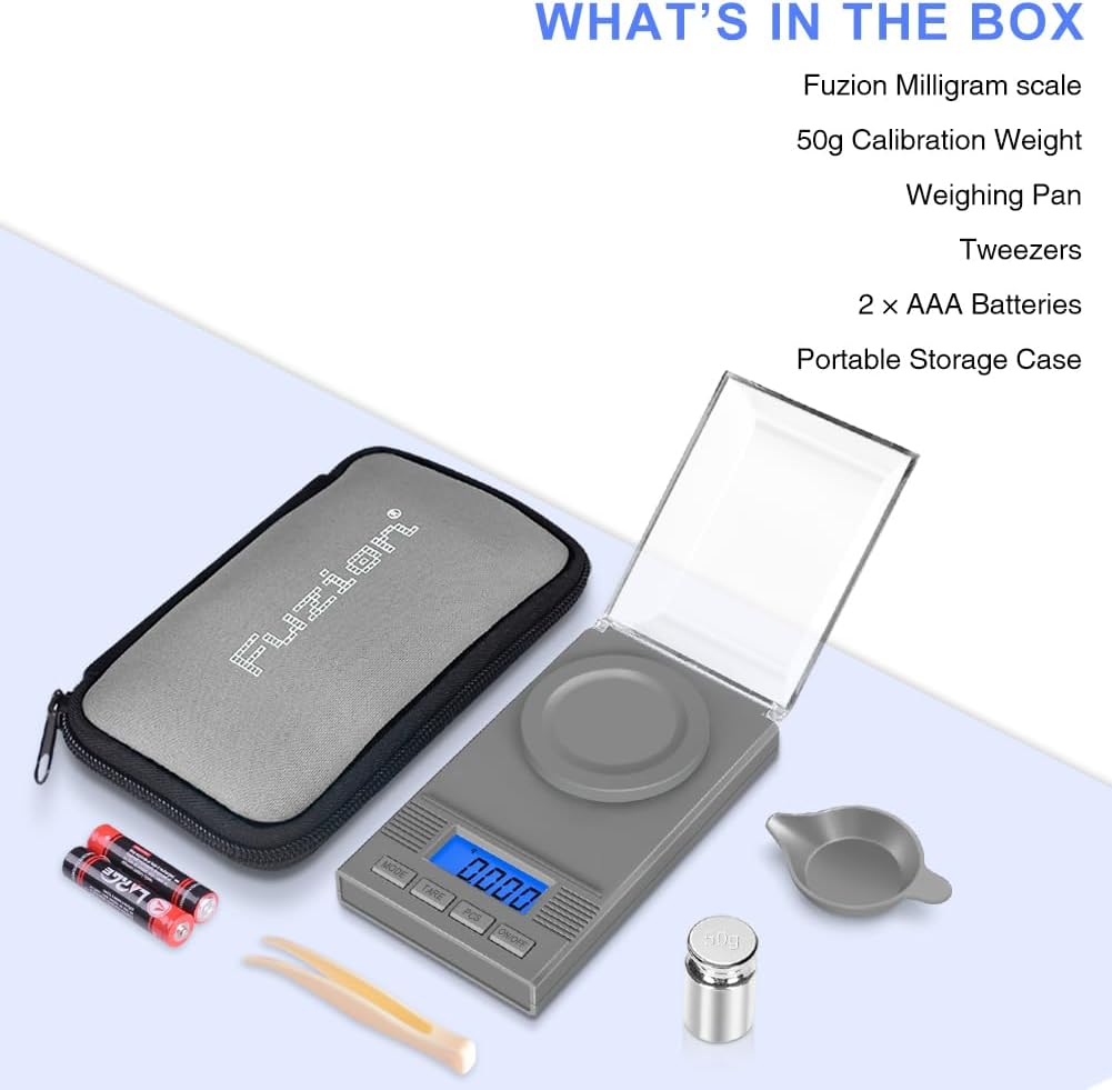 Fuzion Milligram Scale 50g/ 0.001g, Portable mg Scale with LCD Backlit, Tare, Digital Jewelry Scale, Microgram Scale for Powder, Gold, Gem, Reloading, Batteries Included