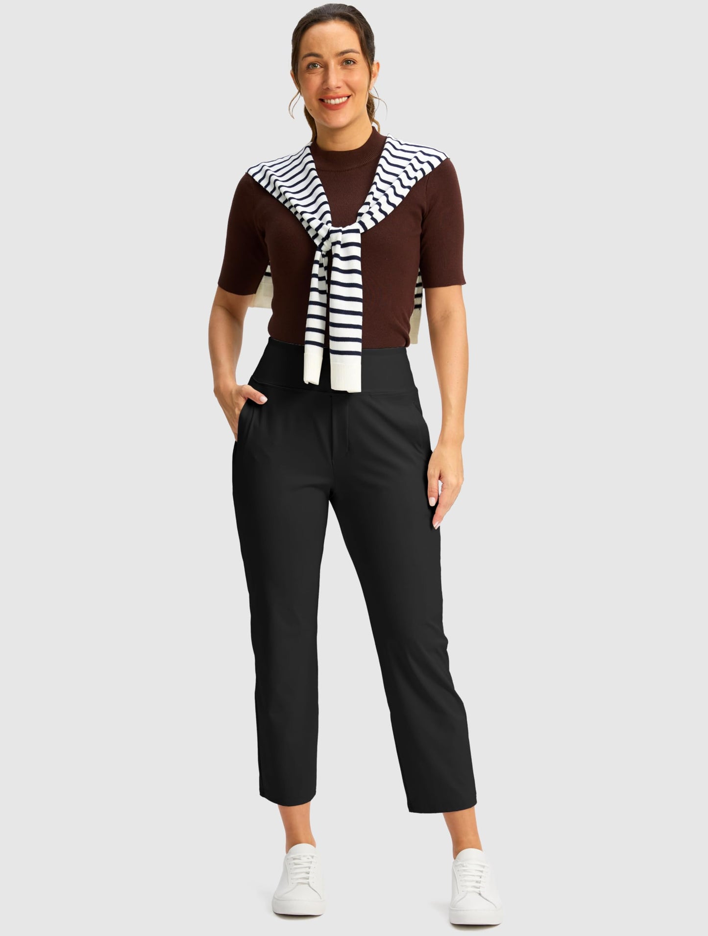 SANTINY Women's Pants with 3 Pockets 7/8 High Waisted Stretch Ankle Pants for Women Golf Casual Travel Athletic Work (Black_L)