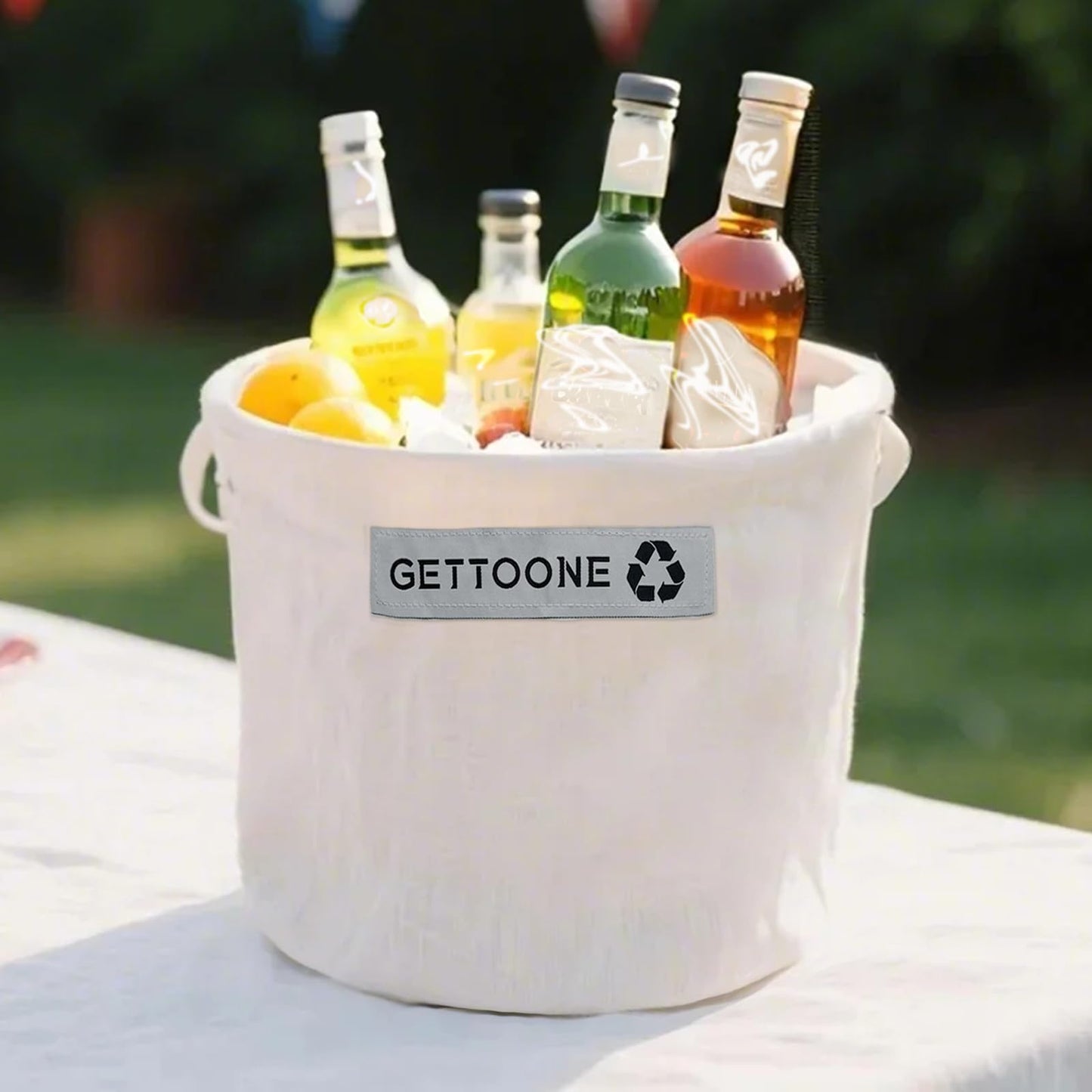 GETTOONE Collapsible Ice Bucket for Drinks, White Party Cooler with Insulated Lining & Carry Handles, Portable Folding Champagne Wine Beer Bucket for Indoor Outdoor Event (M)