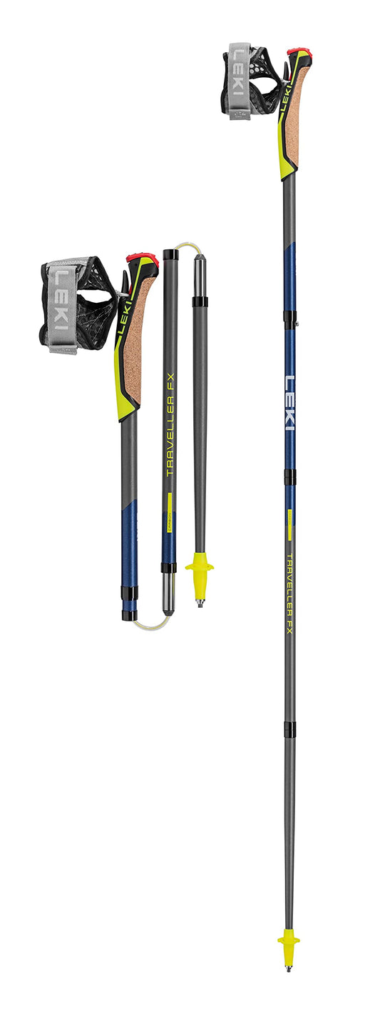LEKI Traveller FX.One Carbon Collapsible Lightweight Trekking Poles for Hiking & Trail Running - Gray-Blue-Yellow - 115 cm