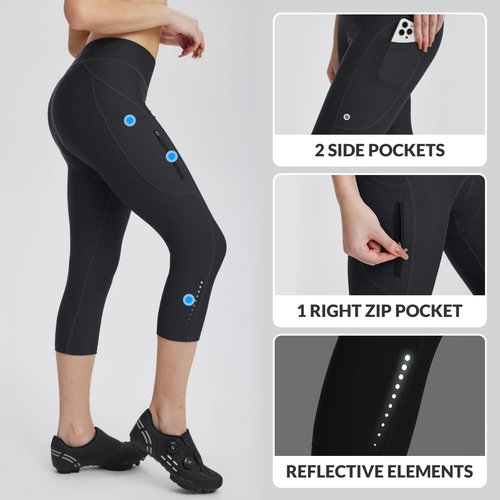 baleaf Women's Bike Pants Lycra Padded 3/4 Cycling Capris Shorts High Waist Biking Bicycle Padding Tights Black L