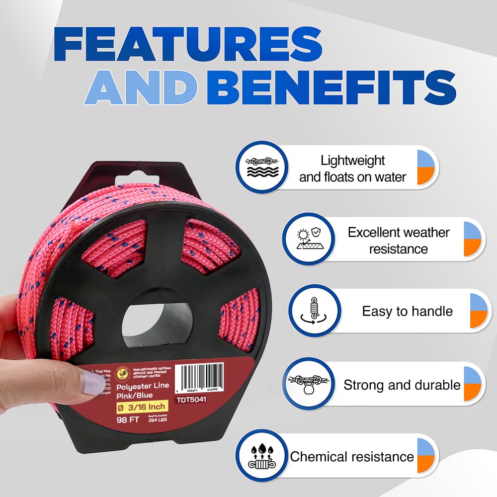 3/16" x 98' (4 mm x 30 m) 16 Strand Strong Heavy-Duty Tactical Cord, Clothes Line Camping Utility - All-Purpose Lightweight Diamond Braid Rope for Tie, Pull, Swing, Knot