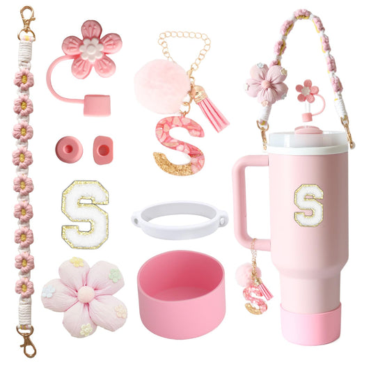 1ze1ziyo 9PCS Cup Accessories Set for Stanley Cup 30oz 40oz Tumbler - Including Water Bottle Handle Strap,Straw Cover Cap,Spill Proof Stoppers,Boot,Initials Letter Charm,Sticker,Flower,Letter S,Pink
