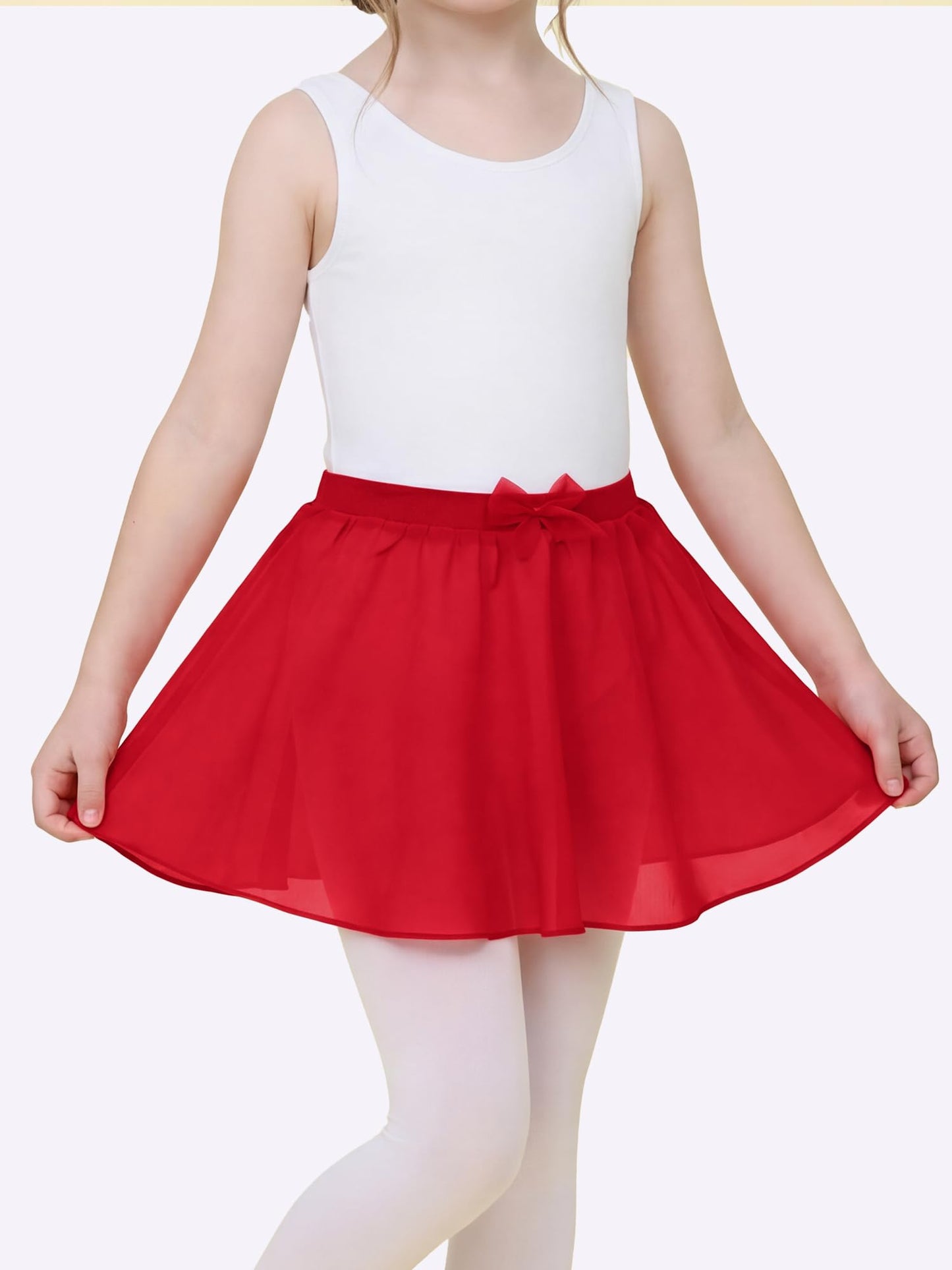 Stelle Girls Ballet Skirt, Chiffon Dance Skirt for Girls with Mesh Bowknot, Elastic Waist Pull-on Skirts for Ballet (Red,6-7Years)