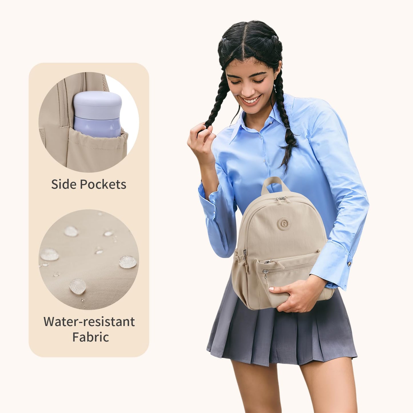 GOLF SUPAGS 10L Mini Backpack Lightweight Nylon Daypack for Women, Small City Pack, Versatile Ladies Backpack for Shopping & Travel, Apricot