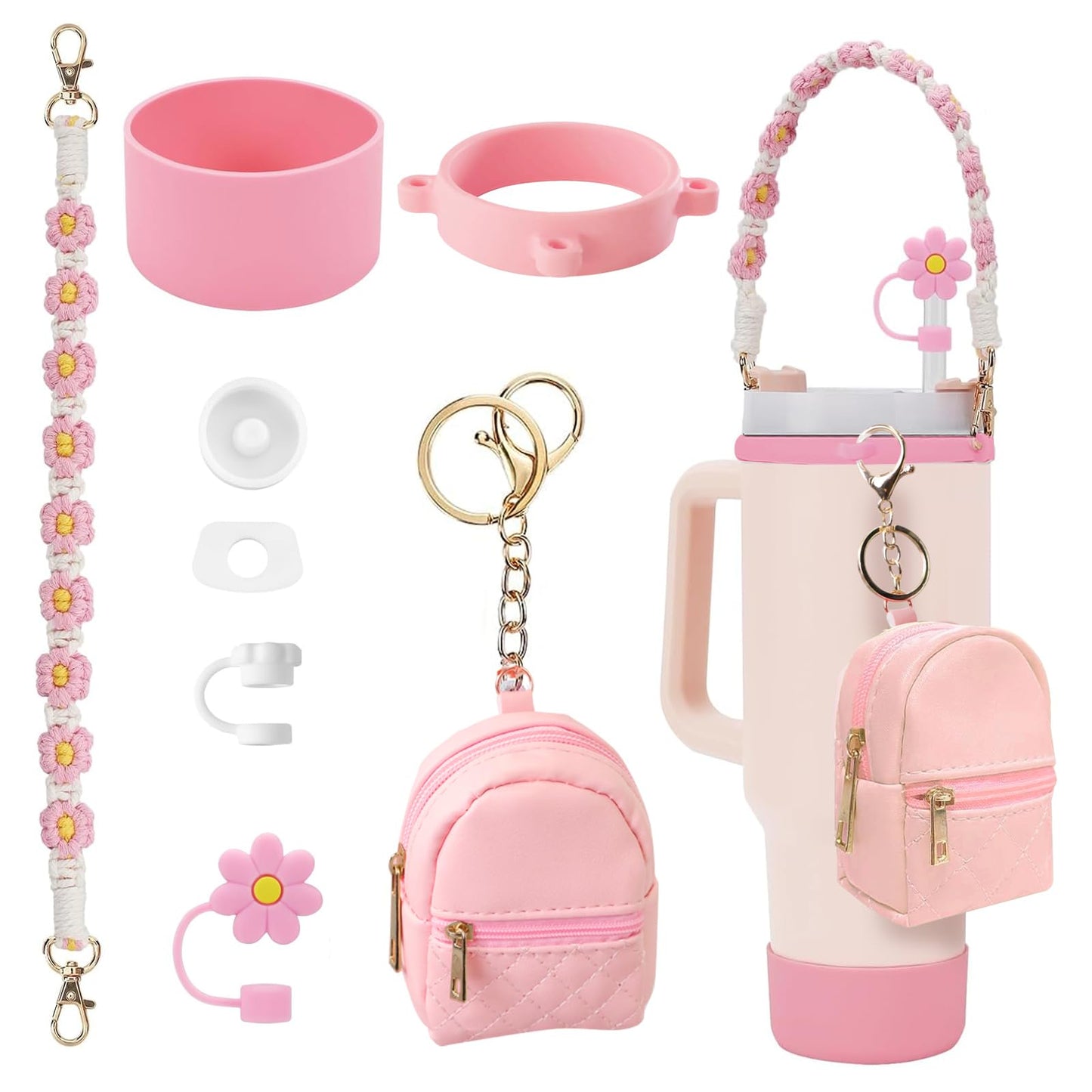 GODLIY 7 PCS Cup Accessories Set Including Water Bottle Handle Strap Silicone Boot,Coin purse,Silicone Cup Boot, Straw Cover for Stanley 30oz & 40oz Tumbler (Pink)